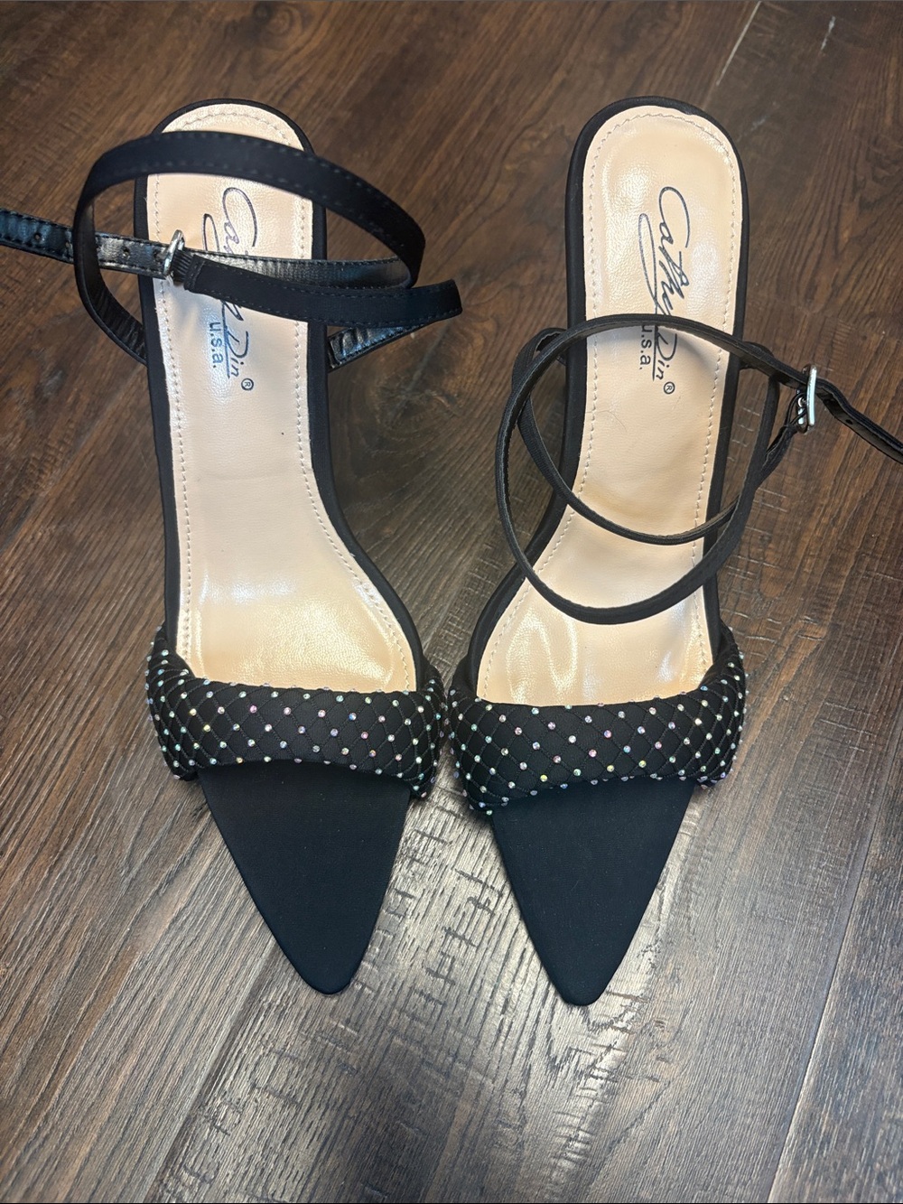 Cathy Din NWOT Women Black Pointed Open Toe Rhinestone Ankle Strap Stiletto 7.5